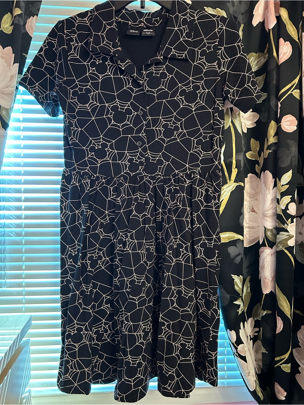 Cakeworthy Collared Short Sleeve Button-Up Dress Mickey Mouse Spiderweb Print